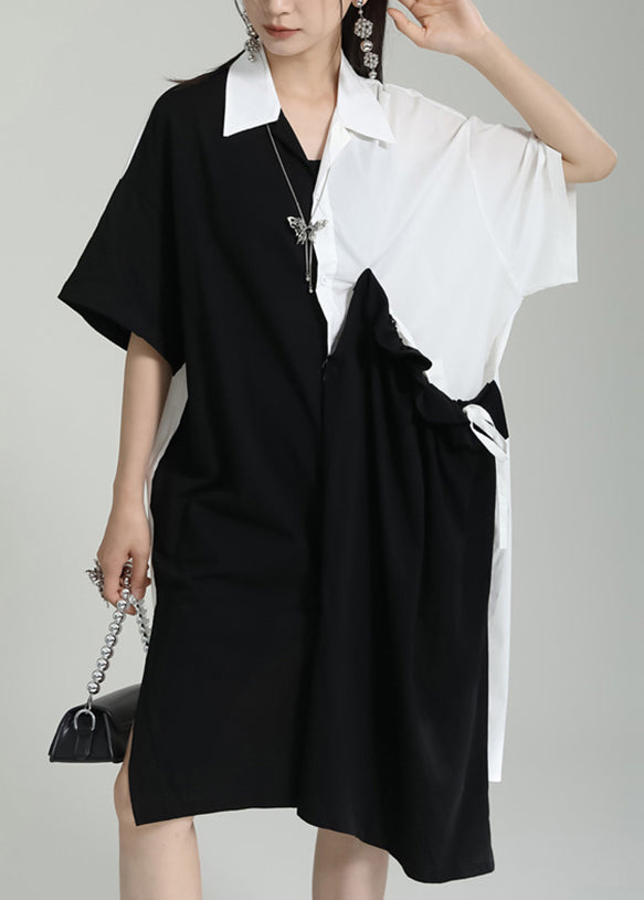 Oversized Black Peter Pan Collar Patchwork Cotton Shirts Dress Summer