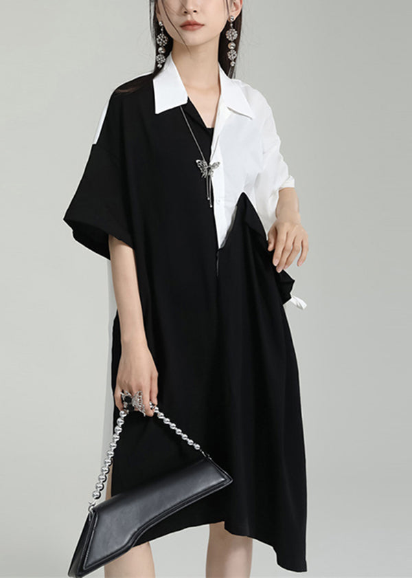 Oversized Black Peter Pan Collar Patchwork Cotton Shirts Dress Summer