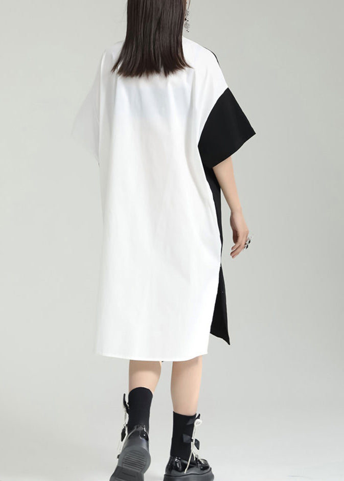 Oversized Black Peter Pan Collar Patchwork Cotton Shirts Dress Summer