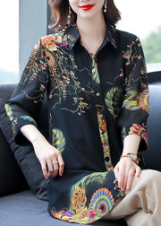 Oversized Black Peter Pan Collar Print Patchwork Chiffon Shirt Summer