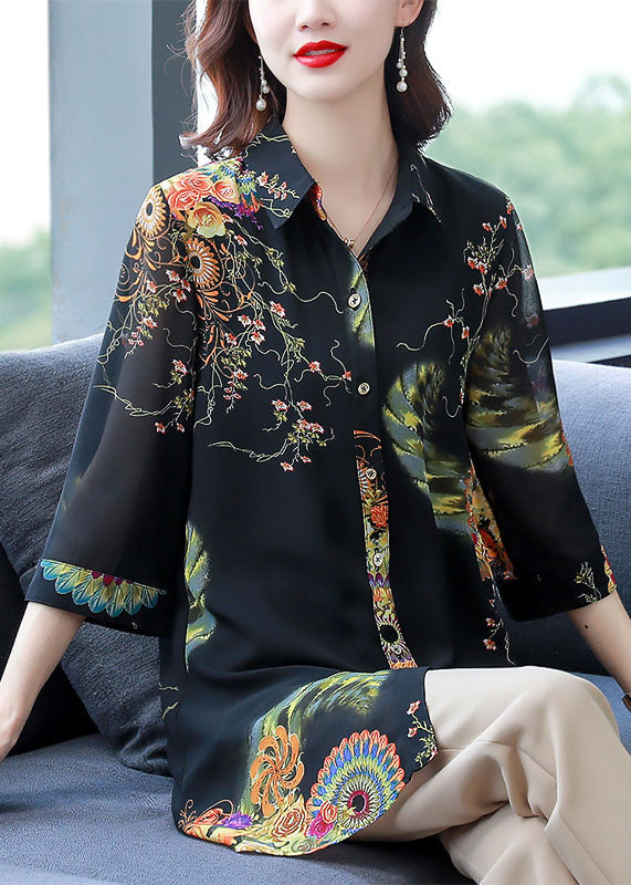 Oversized Black Peter Pan Collar Print Patchwork Chiffon Shirt Summer