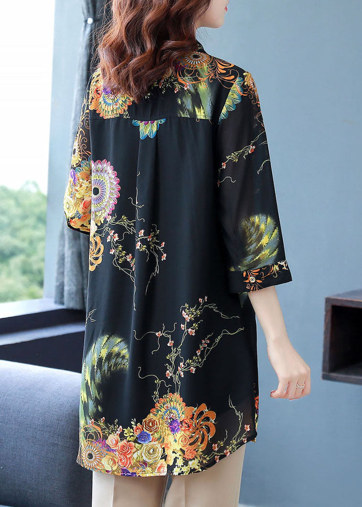 Oversized Black Peter Pan Collar Print Patchwork Chiffon Shirt Summer