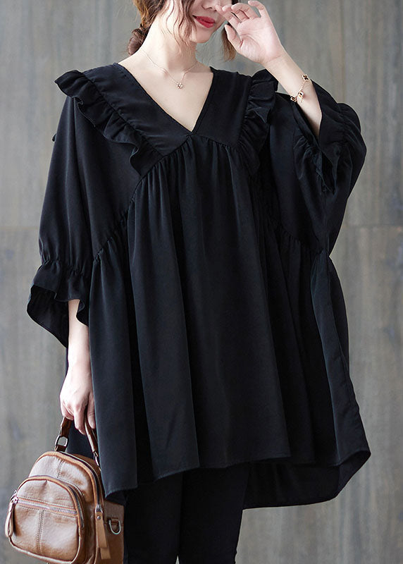 Oversized Black V Neck Ruffled Patchwork Cotton Shirt Top Summer