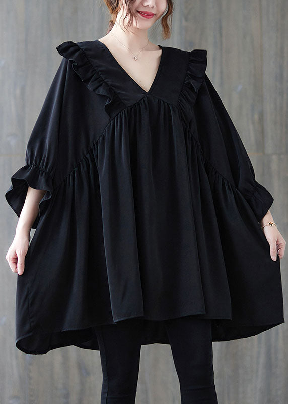 Oversized Black V Neck Ruffled Patchwork Cotton Shirt Top Summer