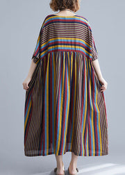 Oversized Coffee Striped O Neck Wrinkled Patchwork Cotton Dresses Summer