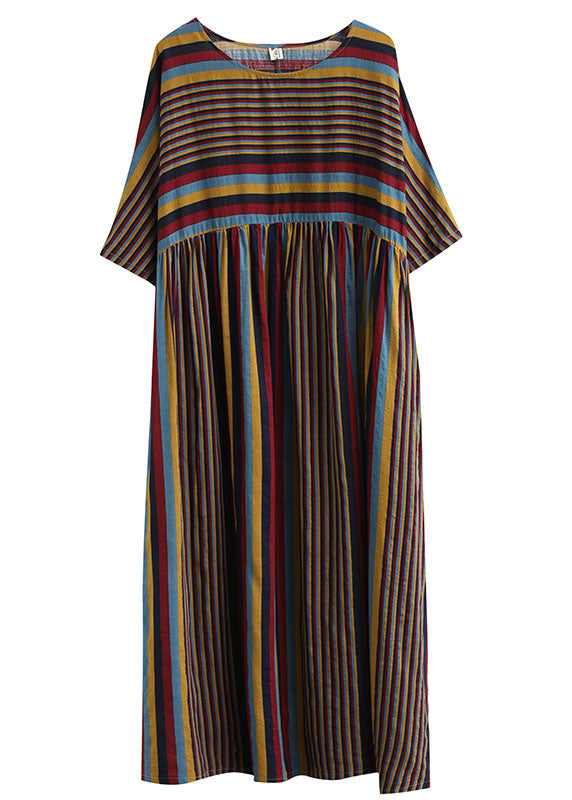 Oversized Coffee Striped O Neck Wrinkled Patchwork Cotton Dresses Summer