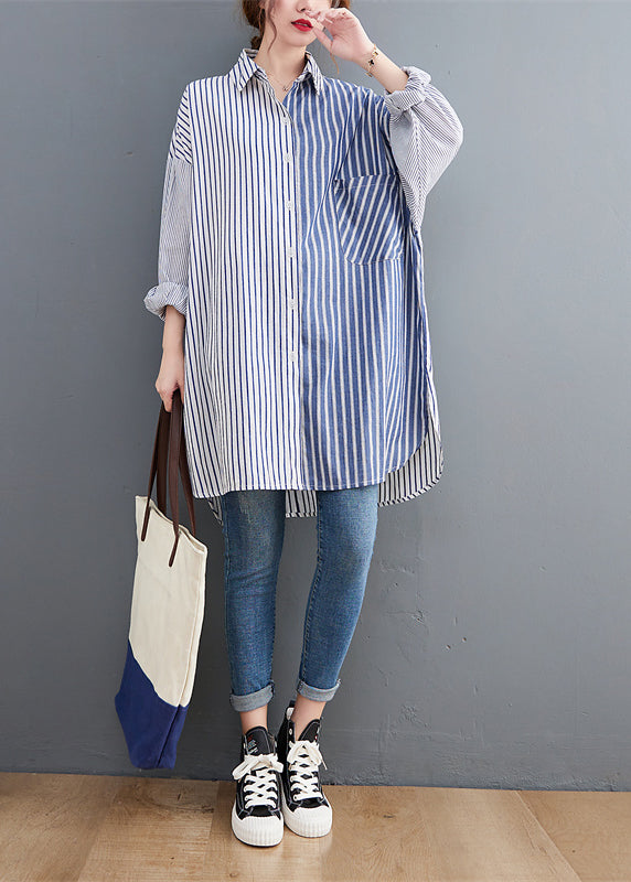 Oversized Colorblock Peter Pan Collar Striped Cotton Shirts Spring