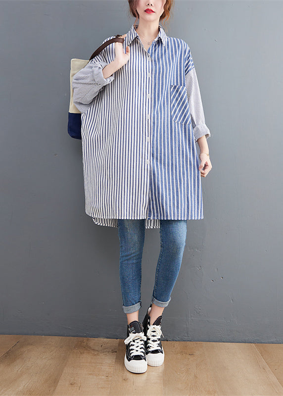 Oversized Colorblock Peter Pan Collar Striped Cotton Shirts Spring