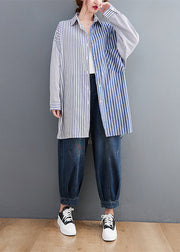 Oversized Colorblock Peter Pan Collar Striped Cotton Shirts Spring