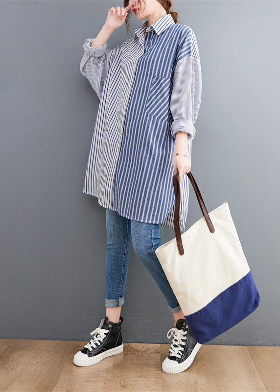 Oversized Colorblock Peter Pan Collar Striped Cotton Shirts Spring