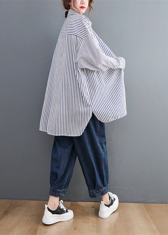 Oversized Colorblock Peter Pan Collar Striped Cotton Shirts Spring