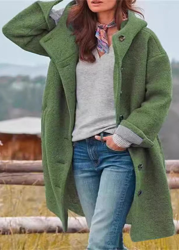 Oversized Green Hooded Pockets Button Woolen Coats Fall