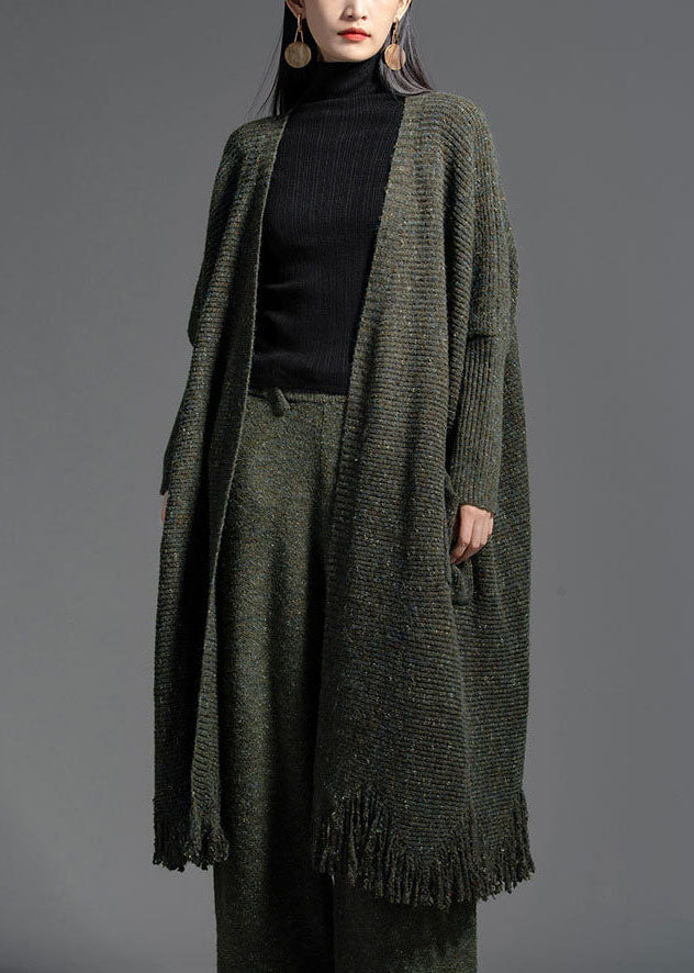 Oversized Green Tasseled Knit Loose Cardigan Spring