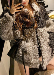 Oversized Grey Stand Collar Pockets Patchwork Faux Fur Coats Winter