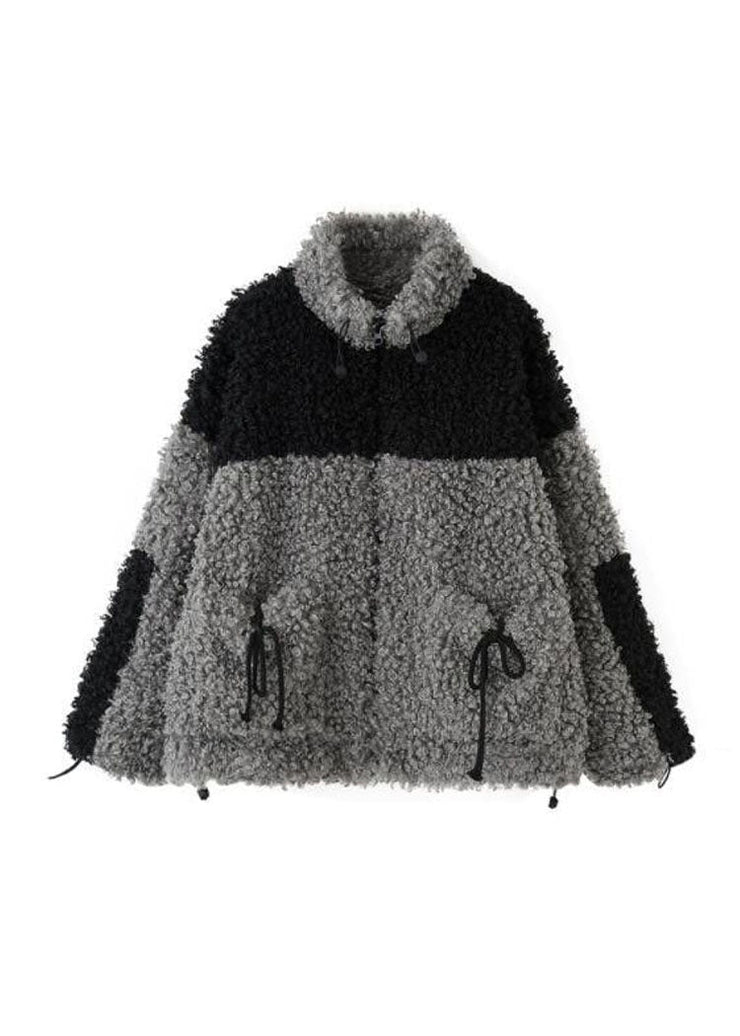 Oversized Grey Stand Collar Pockets Patchwork Faux Fur Coats Winter