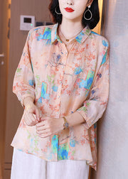 Oversized Pink Peter Pan Collar Print Patchwork Linen Shirt Tops Summer