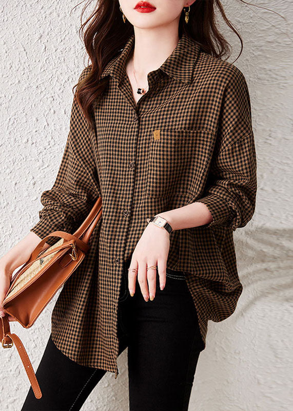 Oversized wine red Plaid Peter Pan Collar Pockets Patchwork Cotton Shirts Long Sleeve