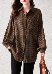 Oversized wine red Plaid Peter Pan Collar Pockets Patchwork Cotton Shirts Long Sleeve