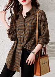 Oversized Plaid Peter Pan Collar Pockets Patchwork Cotton Shirts Long Sleeve