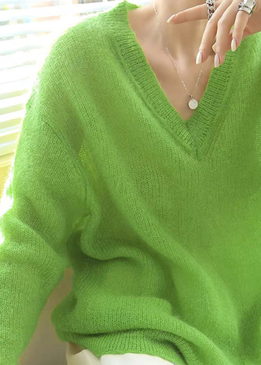 Oversized Simple Green V Neck Cozy Knit Sweaters Fall