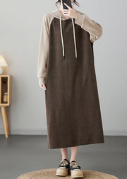 Oversized Trendy Coffee Patchwork Long Hooded Dresses Winter