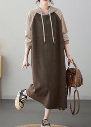 Oversized Trendy Coffee Patchwork Long Hooded Dresses Winter