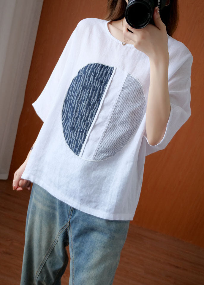 Oversized White O Neck Patchwork Cotton T Shirt Top Summer