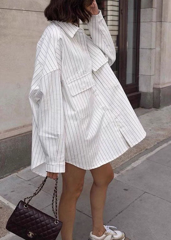 Oversized White Peter Pan Collar Striped Cotton Shirts Spring