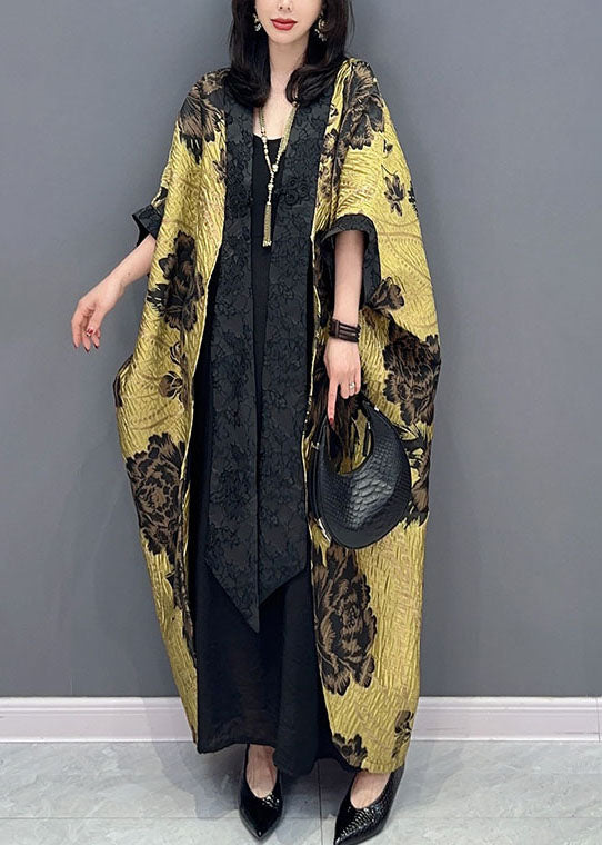 Oversized Yellow Floral Print Patchwork Cotton Cardigan Batwing Sleeve