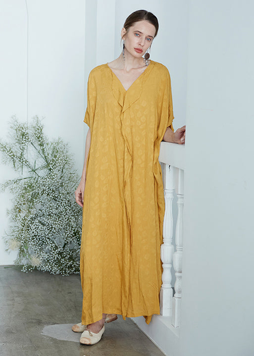 Oversized Yellow V Neck Jacquard Patchwork Cotton Robe Dresses Summer