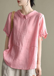 Peach Pink Patchwork Turn-down Collar Summer Linen Shirt Blouse