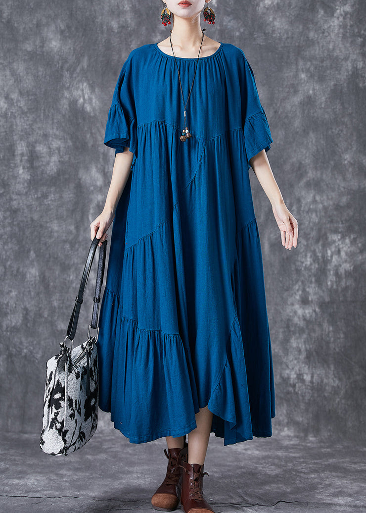 Peacock Blue Patchwork Cotton Dress Oversized Wrinkled Butterfly Sleeve