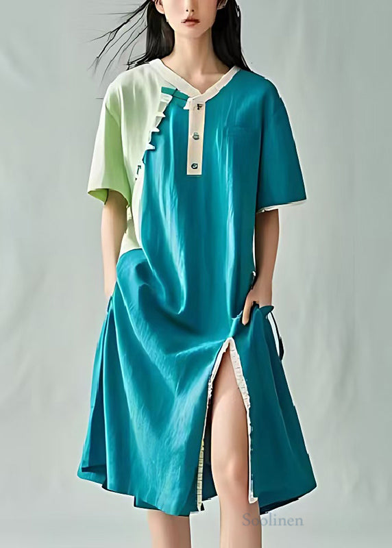 Peacock Blue Patchwork Cotton Long Dress Side Open Summer