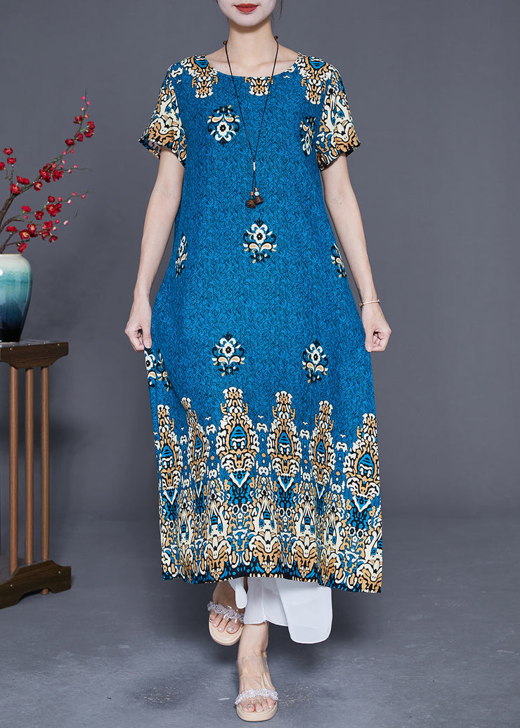 Peacock Blue Print Cotton Party Dress Oversized Summer