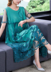 Peacock Blue Tulle Long Dresses Embroideried Summer