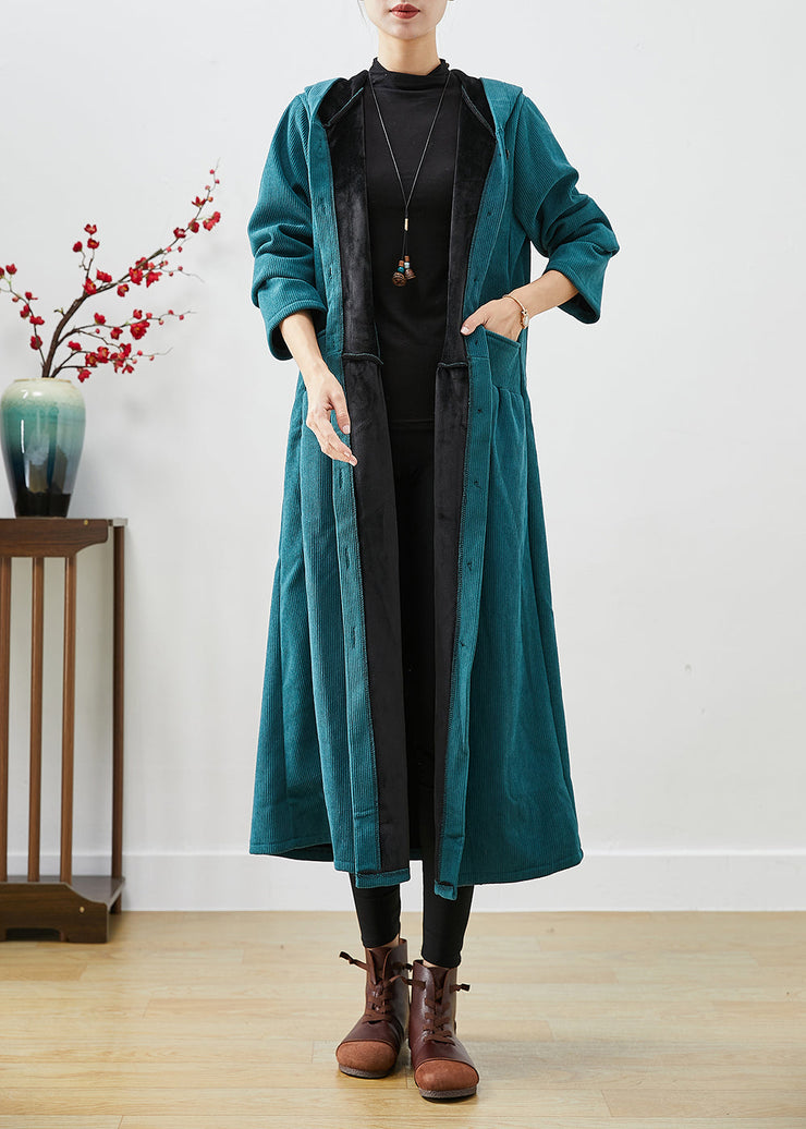 Peacock Green Oversized Warm Fleece Corduroy Trench Hooded Winter