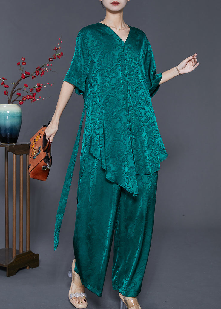 Peacock Green Print Silk Two Piece Set Outfits Asymmetrical Summer