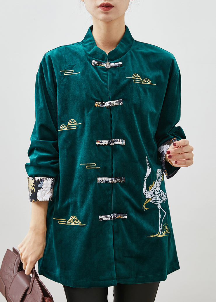 Peacock Green Velour Shirts Embroidered Chinese Button Spring