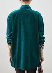 Peacock Green Velour Shirts Embroidered Chinese Button Spring