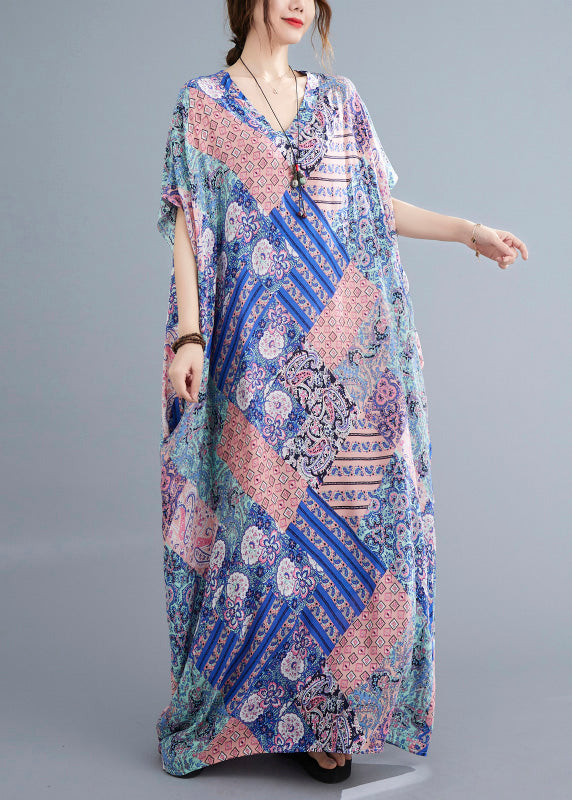 Pink Blue Patchwork Vacation Cotton Maxi Dresses Summer