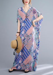 Pink Blue Patchwork Vacation Cotton Maxi Dresses Summer