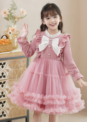 Pink Bow Patchwork Tulle Baby Girls Princess Dress Ruffled Fall