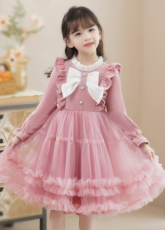 Pink Bow Patchwork Tulle Baby Girls Princess Dress Ruffled Fall