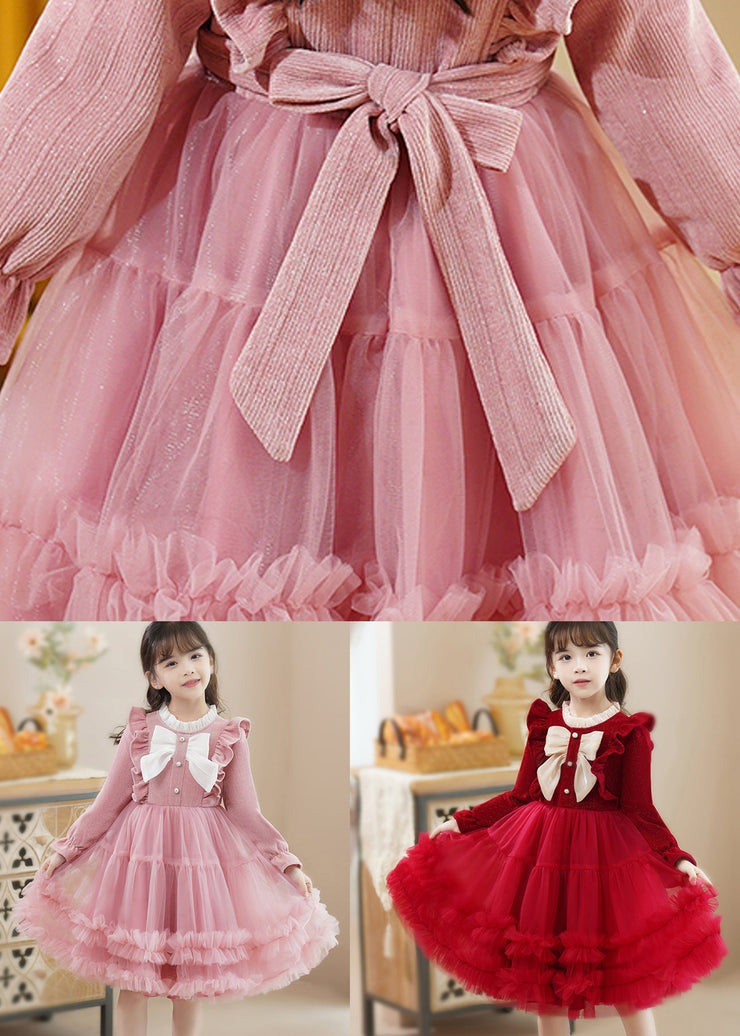 Pink Bow Patchwork Tulle Baby Girls Princess Dress Ruffled Fall