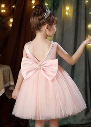 Pink Bow Pearl Patchwork Tulle Girls Dresses Backless Summer