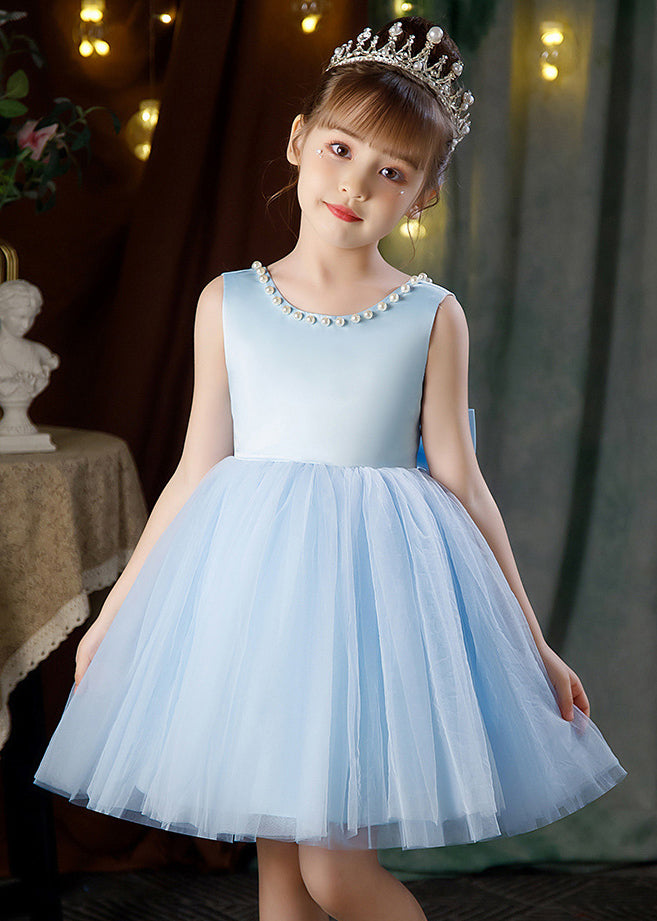 Pink Bow Pearl Patchwork Tulle Girls Dresses Backless Summer