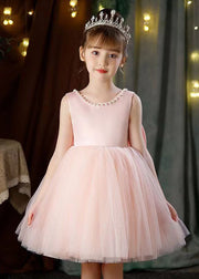 Pink Bow Pearl Patchwork Tulle Girls Dresses Backless Summer