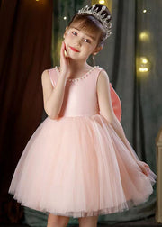 Pink Bow Pearl Patchwork Tulle Girls Dresses Backless Summer