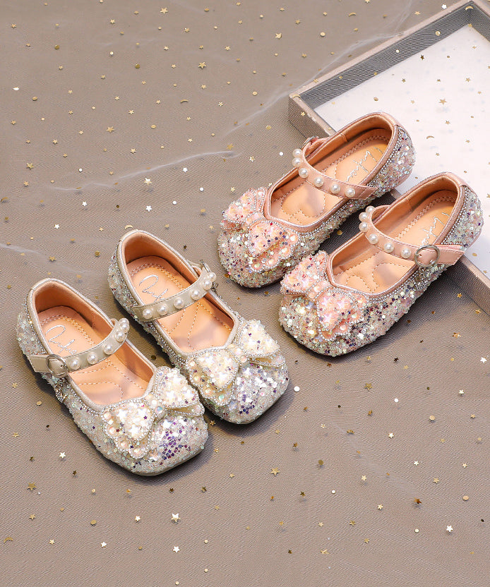 Pink Buckle Strap Flat Shoes Bow Zircon For Kids Girls