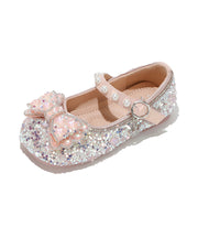 Pink Buckle Strap Flat Shoes Bow Zircon For Kids Girls